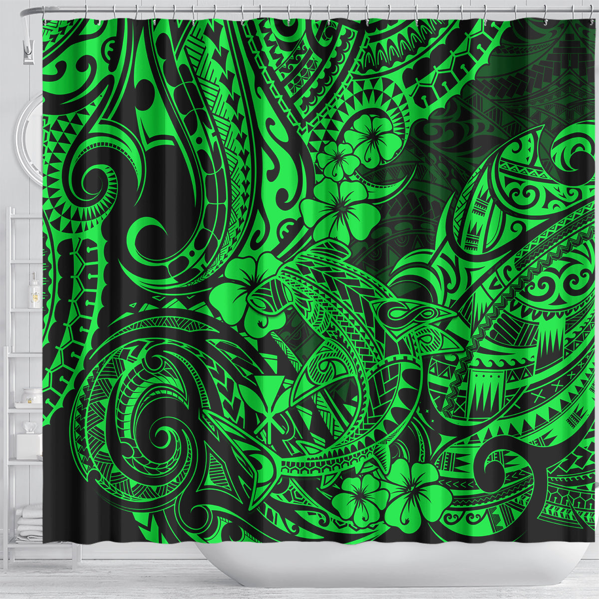 hawaii-shark-shower-curtain-polynesian-pattern-green-version