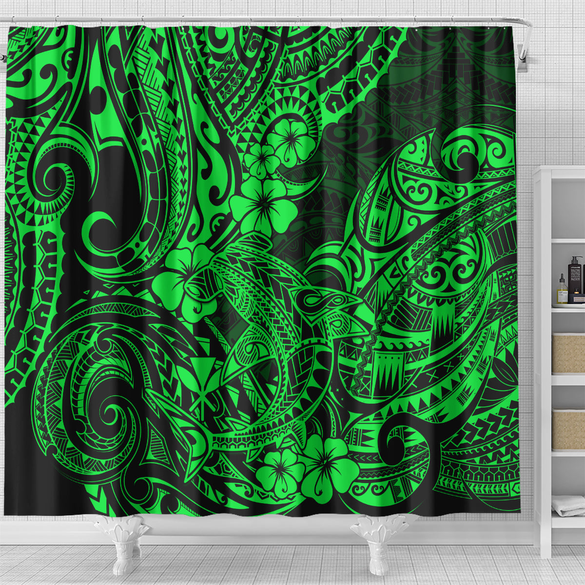 hawaii-shark-shower-curtain-polynesian-pattern-green-version