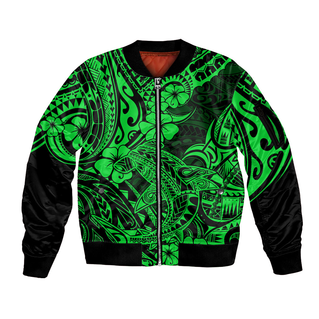 Hawaii Shark Sleeve Zip Bomber Jacket Polynesian Pattern Green Version - Wonder Print Shop