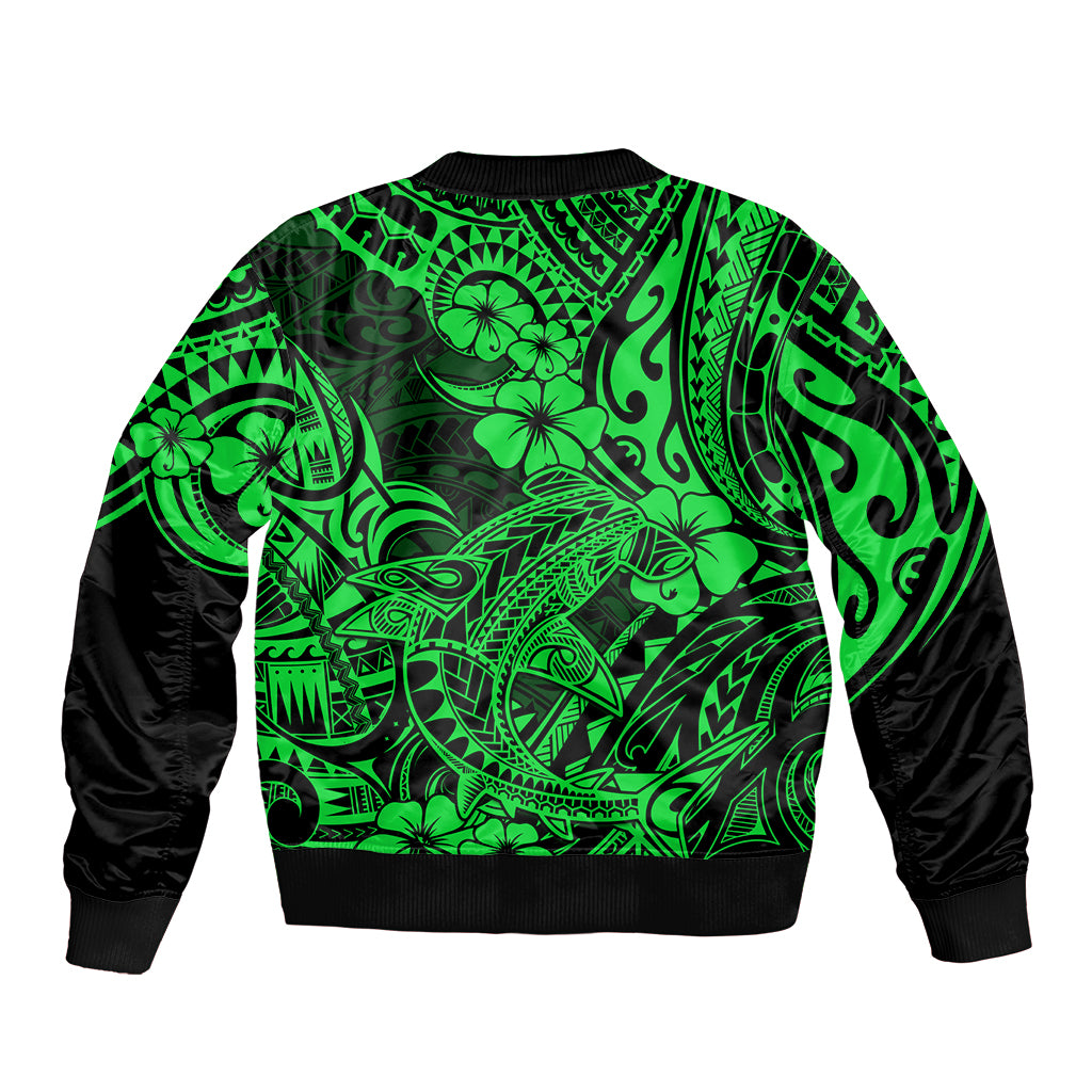 Hawaii Shark Sleeve Zip Bomber Jacket Polynesian Pattern Green Version - Wonder Print Shop