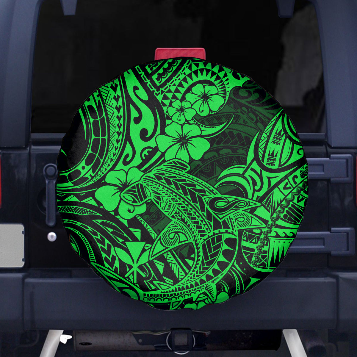 Hawaii Shark Spare Tire Cover Polynesian Pattern Green Version - Wonder Print Shop