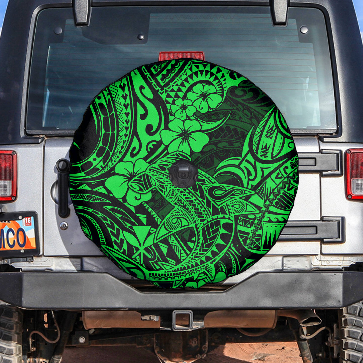 Hawaii Shark Spare Tire Cover Polynesian Pattern Green Version - Wonder Print Shop