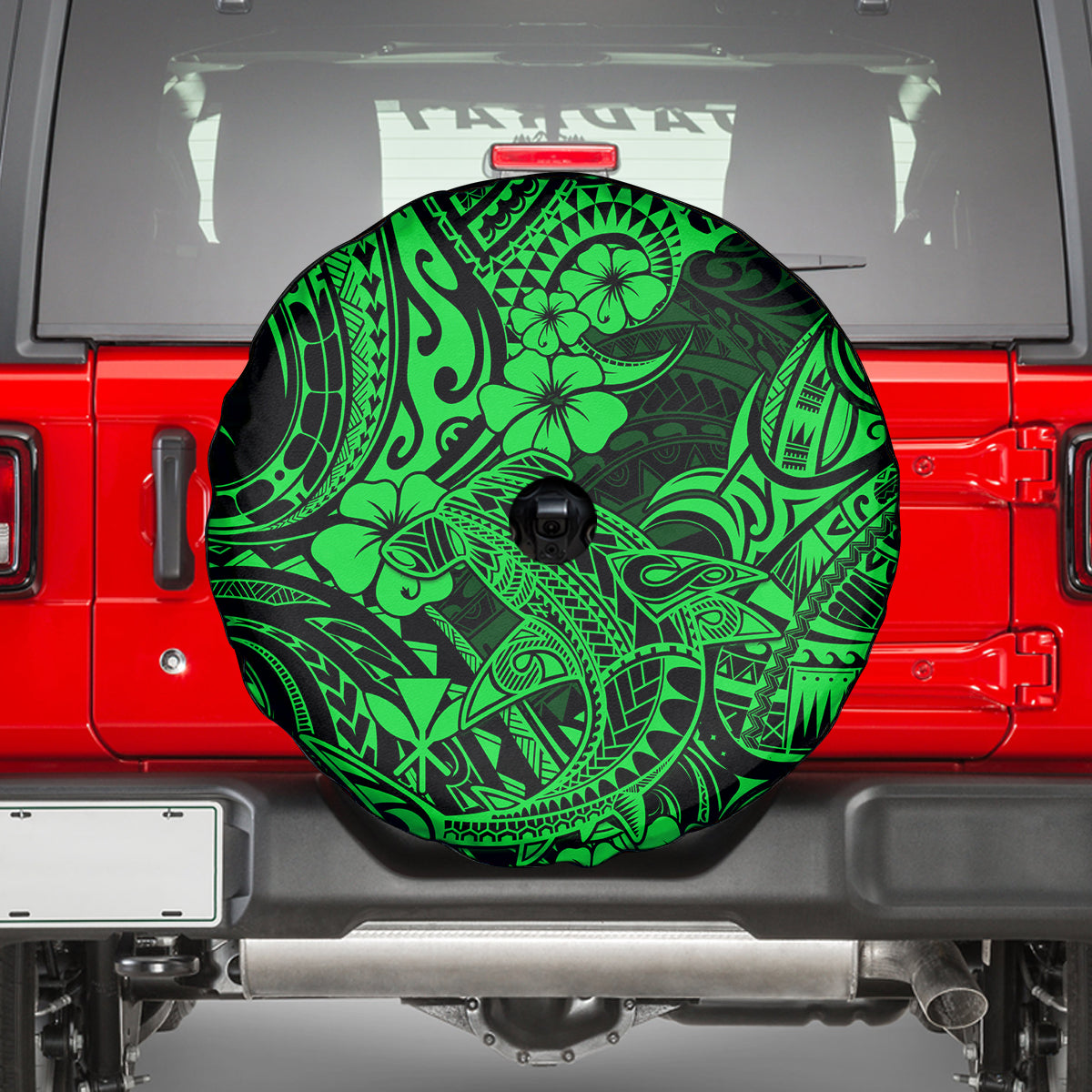 Hawaii Shark Spare Tire Cover Polynesian Pattern Green Version - Wonder Print Shop