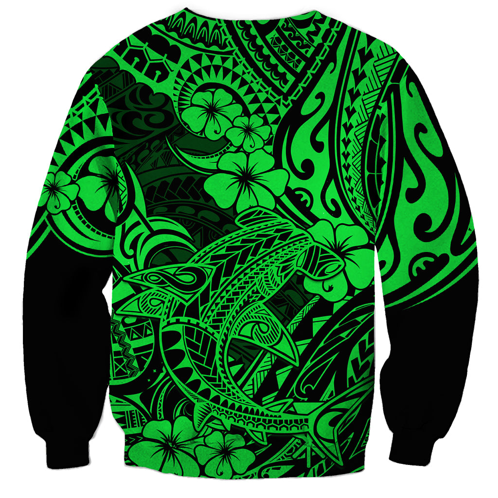 Hawaii Shark Sweatshirt Polynesian Pattern Green Version - Wonder Print Shop