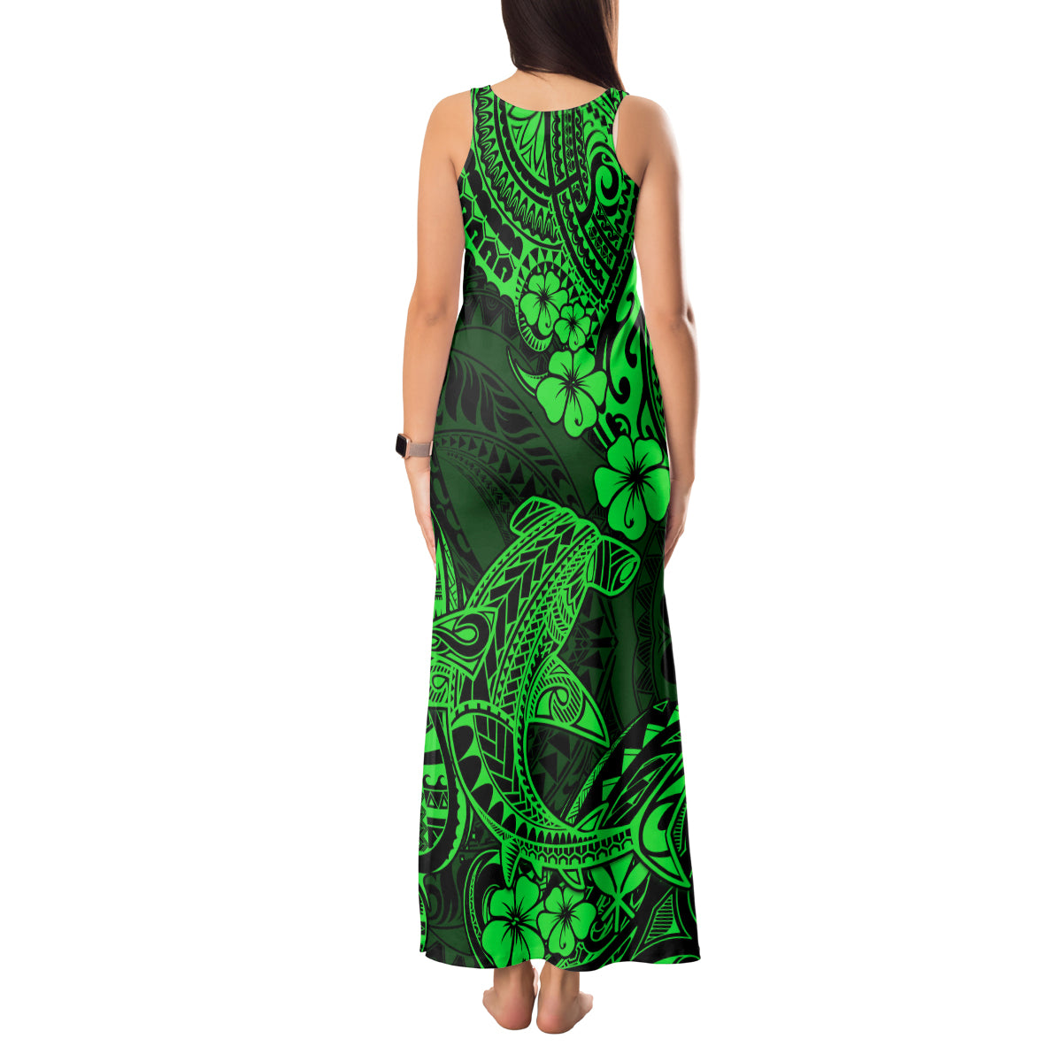 Hawaii Shark Tank Maxi Dress Polynesian Pattern Green Version - Wonder Print Shop
