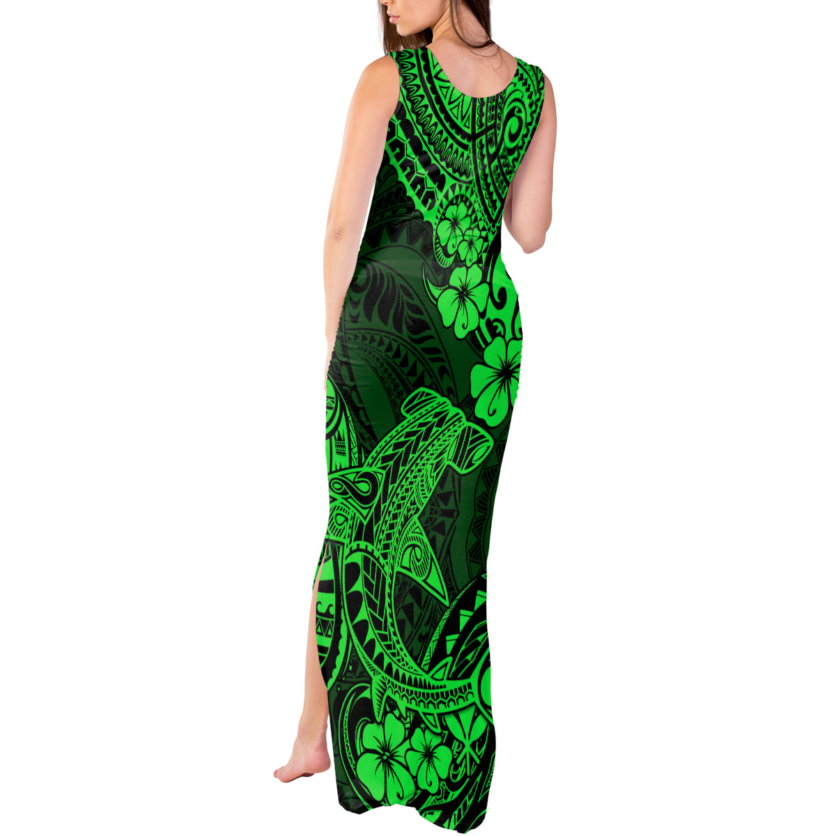 Hawaii Shark Tank Maxi Dress Polynesian Pattern Green Version - Wonder Print Shop