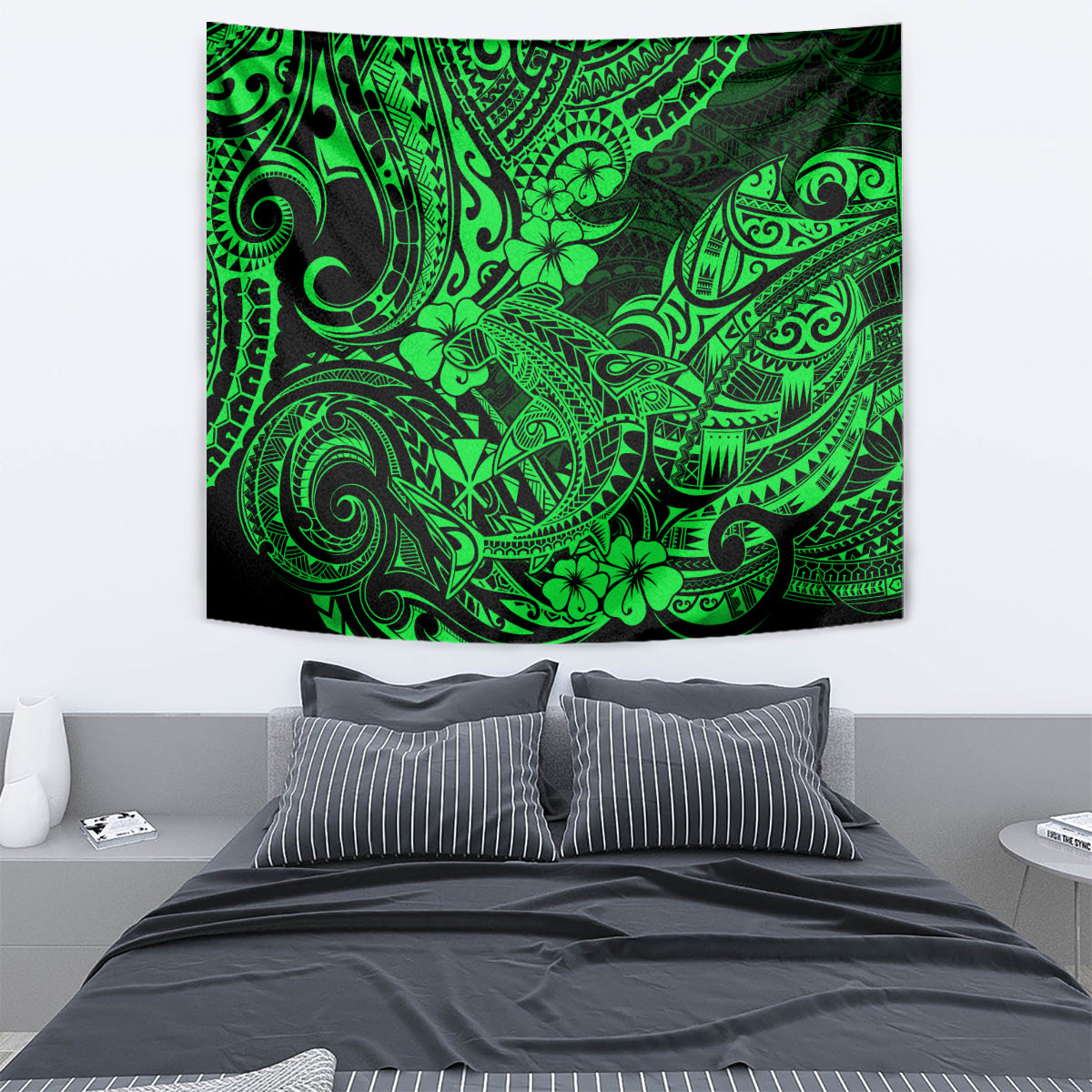 Hawaii Shark Tapestry Polynesian Pattern Green Version - Wonder Print Shop