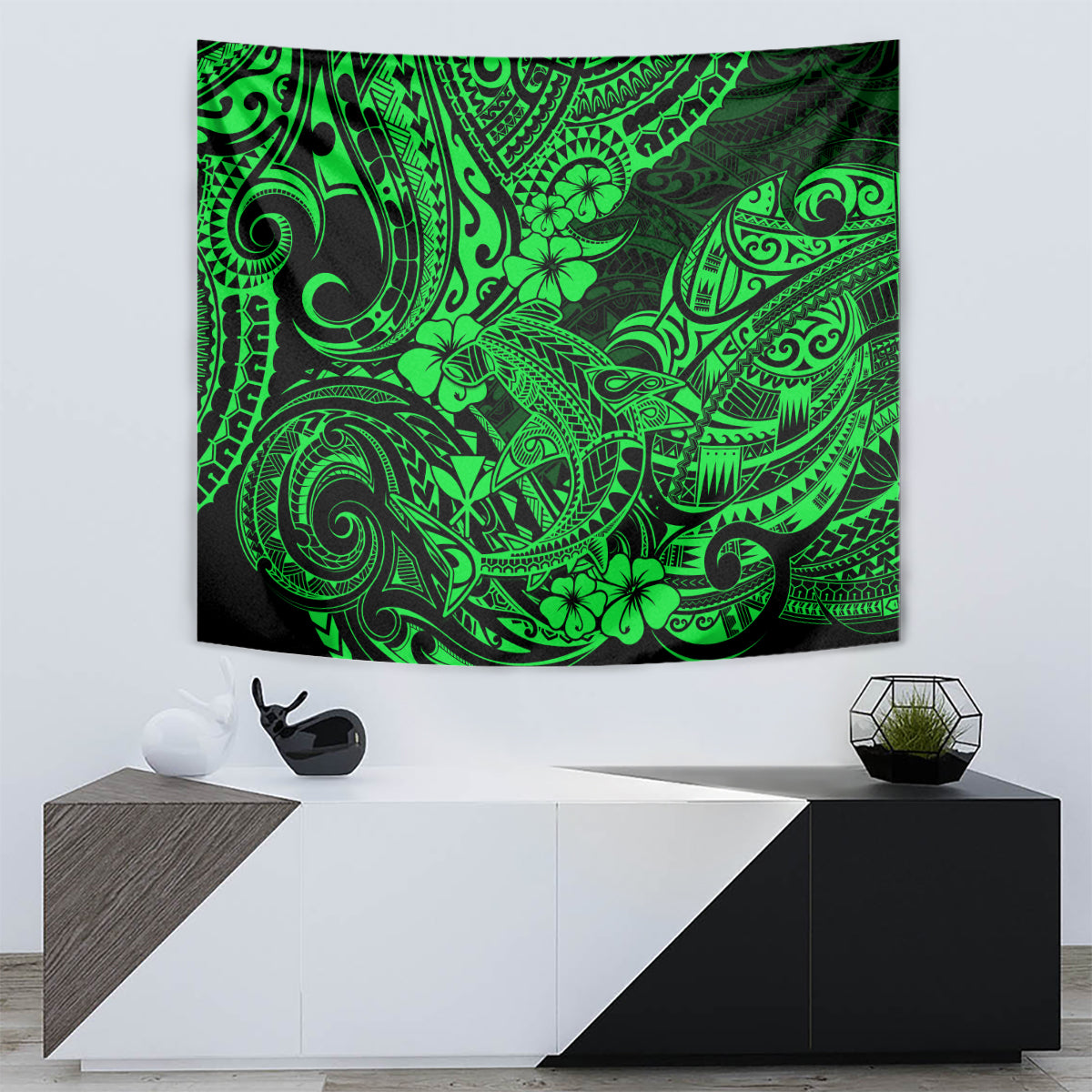 Hawaii Shark Tapestry Polynesian Pattern Green Version - Wonder Print Shop