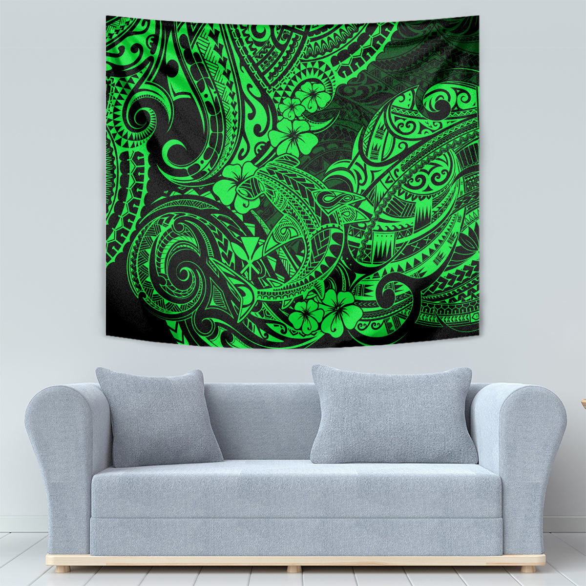 Hawaii Shark Tapestry Polynesian Pattern Green Version - Wonder Print Shop