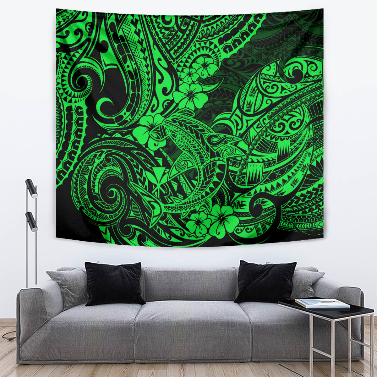 Hawaii Shark Tapestry Polynesian Pattern Green Version - Wonder Print Shop