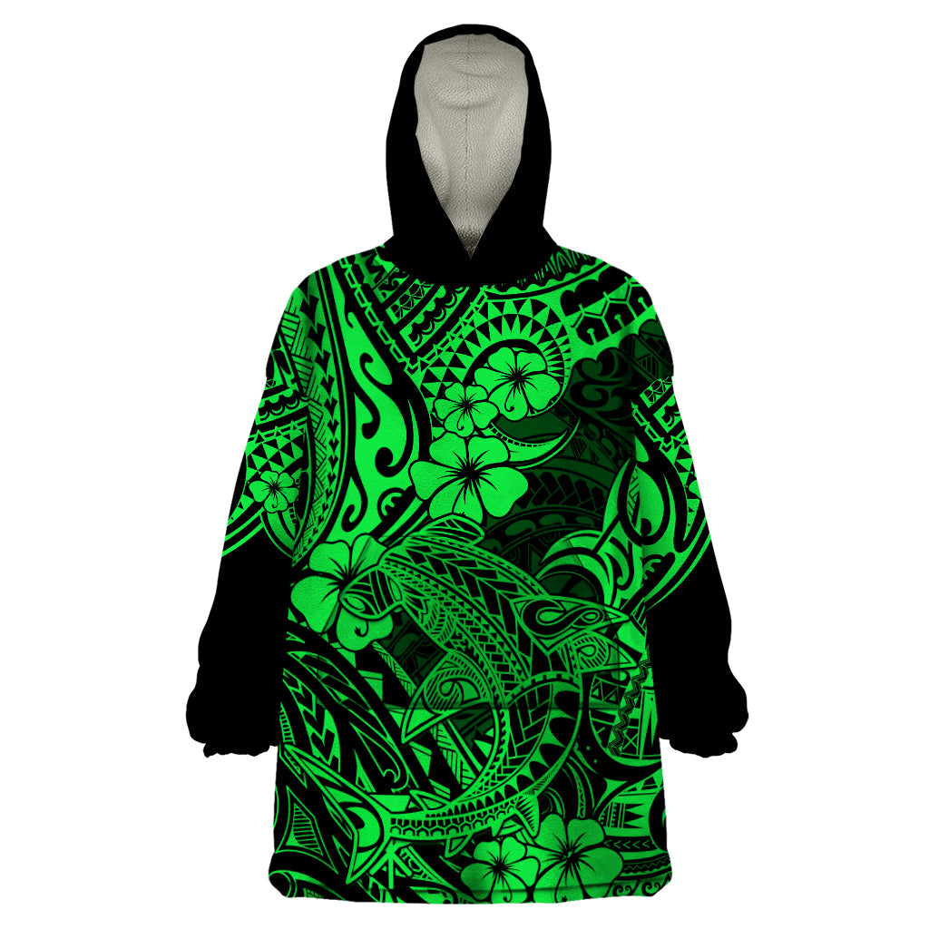Hawaii Shark Wearable Blanket Hoodie Polynesian Pattern Green Version - Wonder Print Shop
