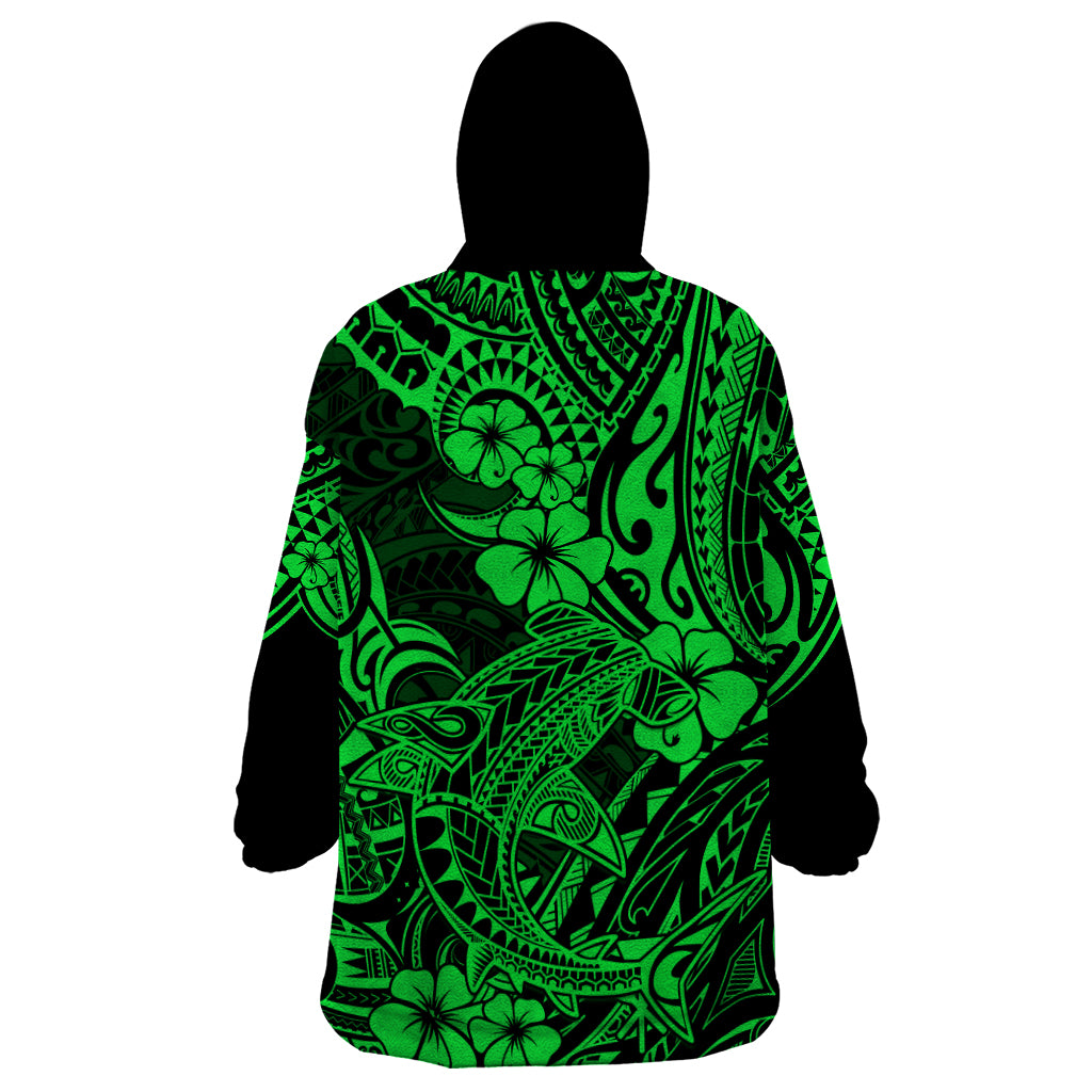 Hawaii Shark Wearable Blanket Hoodie Polynesian Pattern Green Version - Wonder Print Shop