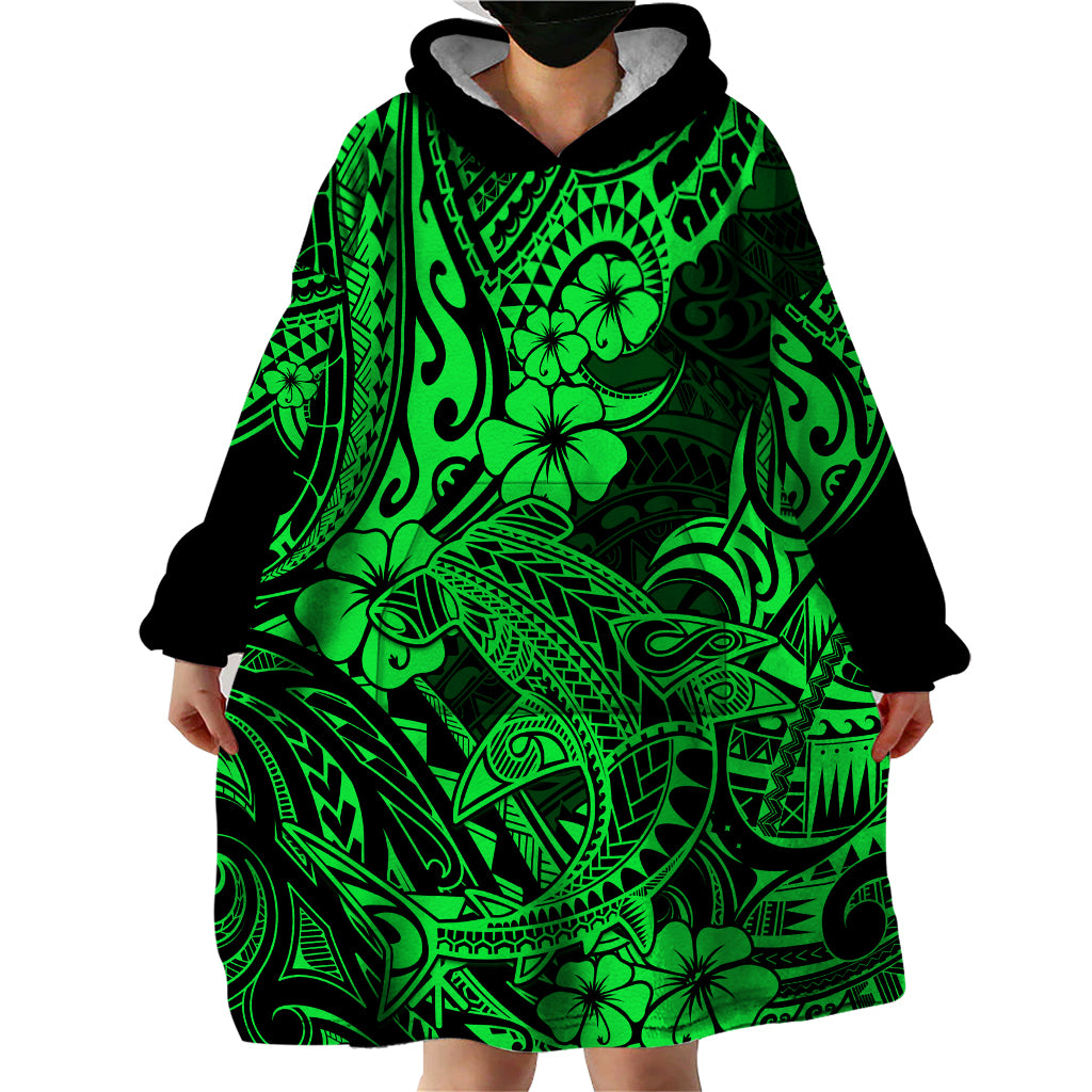 Hawaii Shark Wearable Blanket Hoodie Polynesian Pattern Green Version - Wonder Print Shop