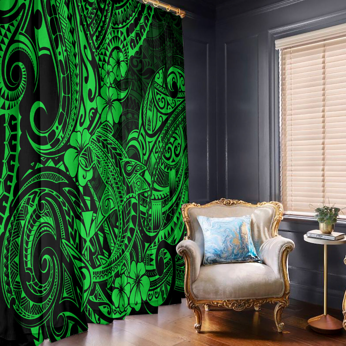 Hawaii Shark Window Curtain Polynesian Pattern Green Version - Wonder Print Shop