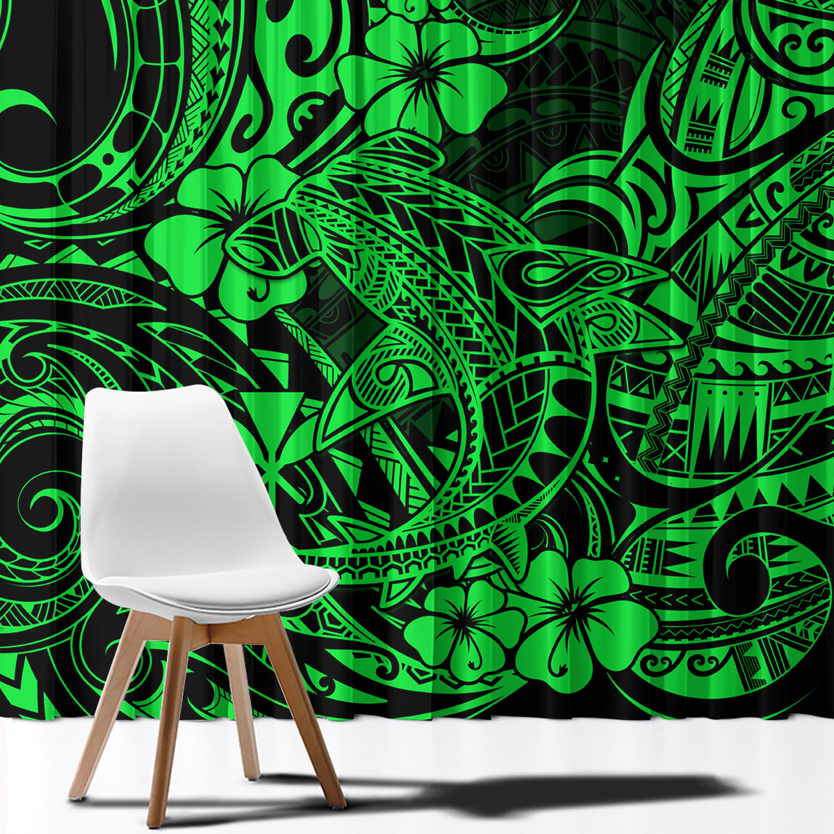 Hawaii Shark Window Curtain Polynesian Pattern Green Version - Wonder Print Shop