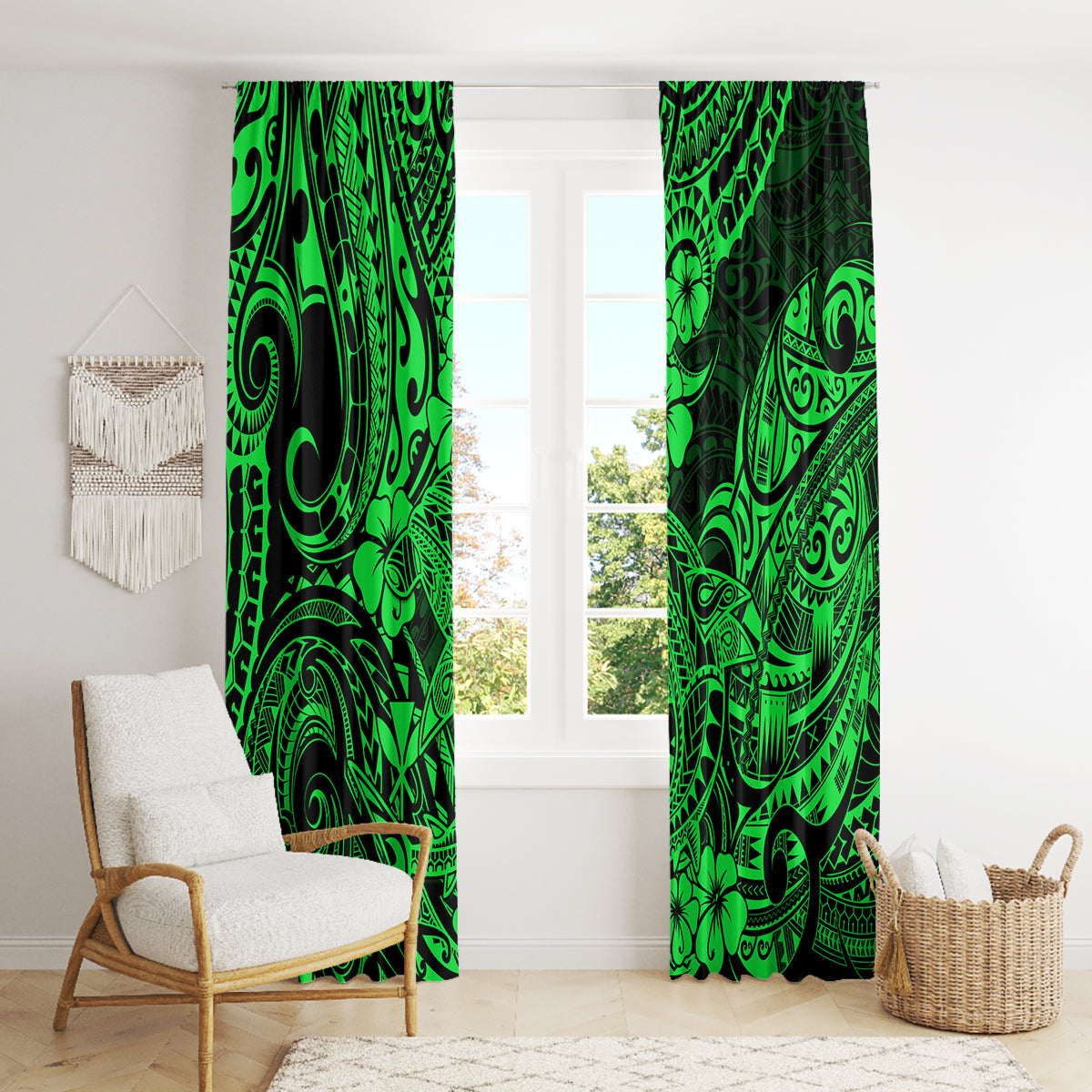 Hawaii Shark Window Curtain Polynesian Pattern Green Version - Wonder Print Shop