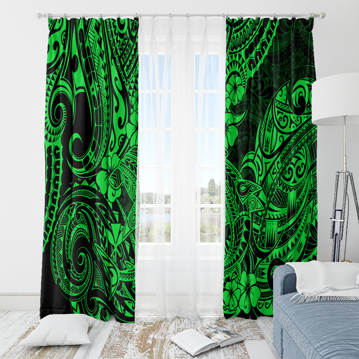 Hawaii Shark Window Curtain Polynesian Pattern Green Version - Wonder Print Shop