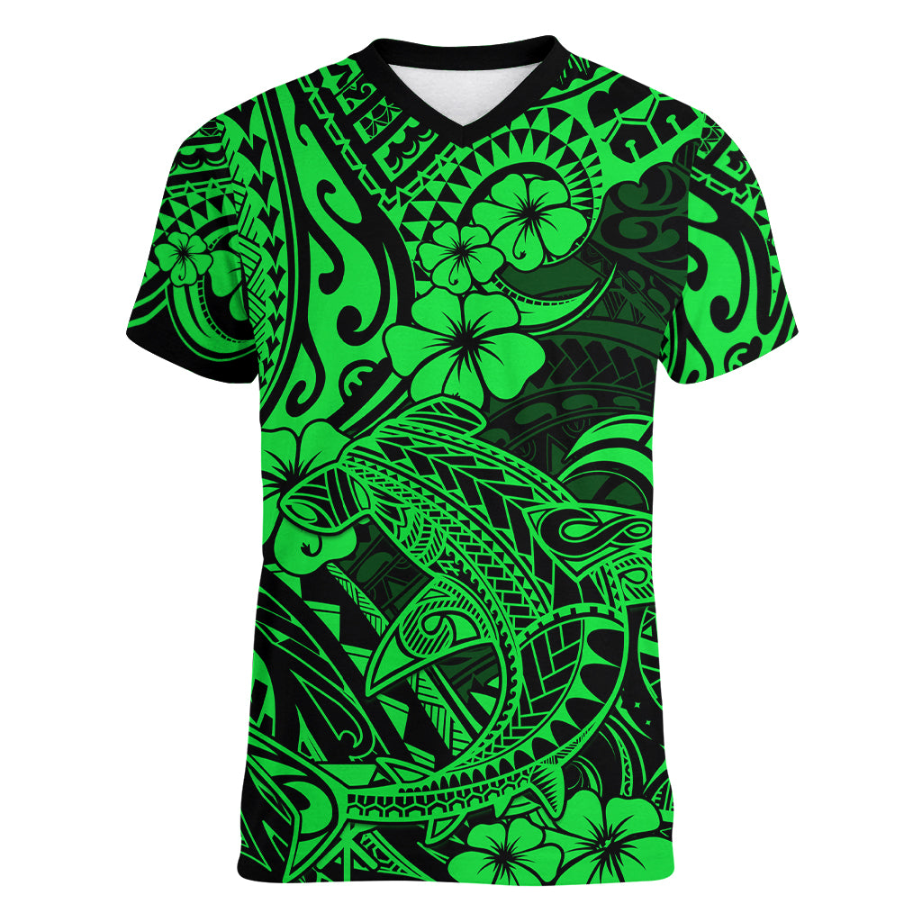 Hawaii Shark Women V Neck T Shirt Polynesian Pattern Green Version - Wonder Print Shop