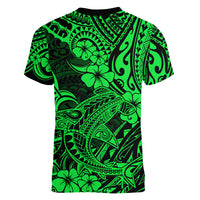 Hawaii Shark Women V Neck T Shirt Polynesian Pattern Green Version - Wonder Print Shop