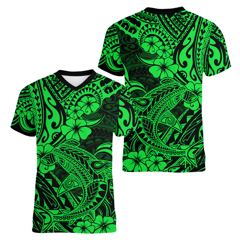 Hawaii Shark Women V Neck T Shirt Polynesian Pattern Green Version - Wonder Print Shop