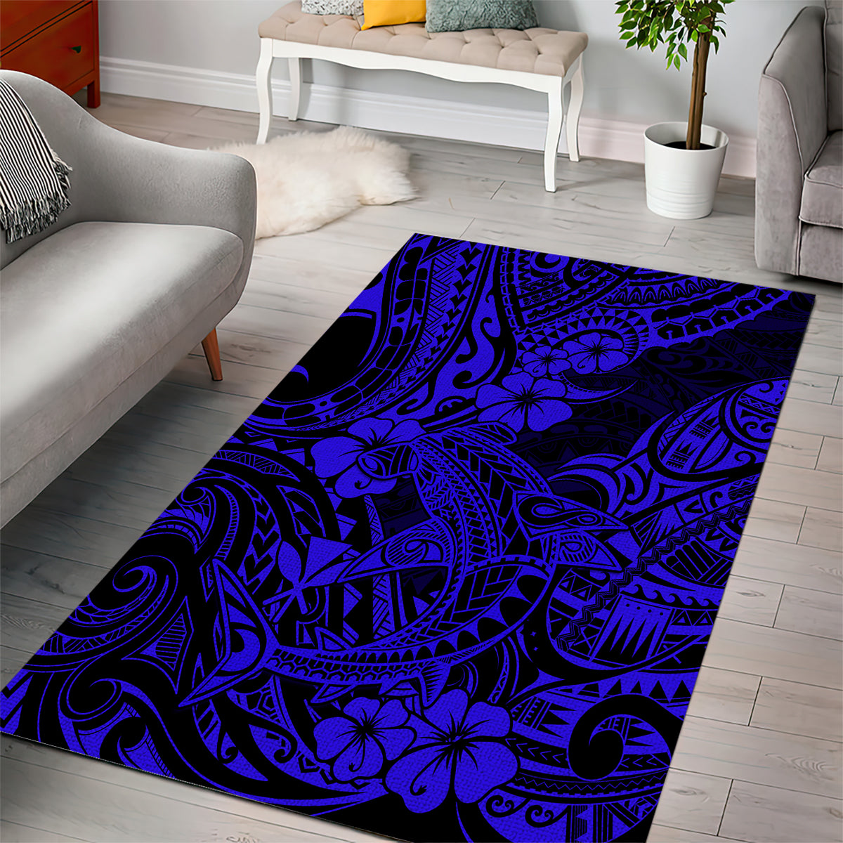 Hawaii Shark Area Rug Polynesian Pattern Navy Blue Version - Wonder Print Shop