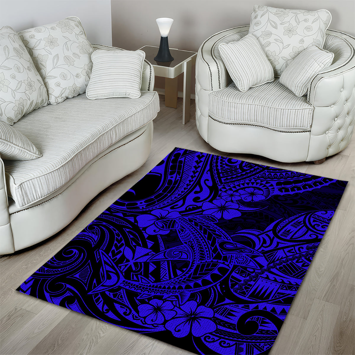 Hawaii Shark Area Rug Polynesian Pattern Navy Blue Version - Wonder Print Shop