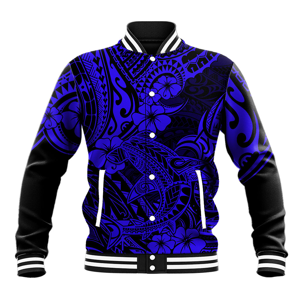 Hawaii Shark Baseball Jacket Polynesian Pattern Navy Blue Version - Wonder Print Shop