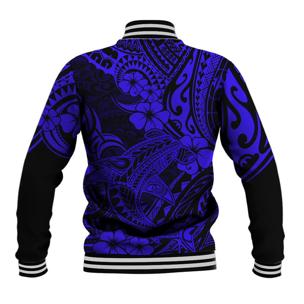 Hawaii Shark Baseball Jacket Polynesian Pattern Navy Blue Version - Wonder Print Shop