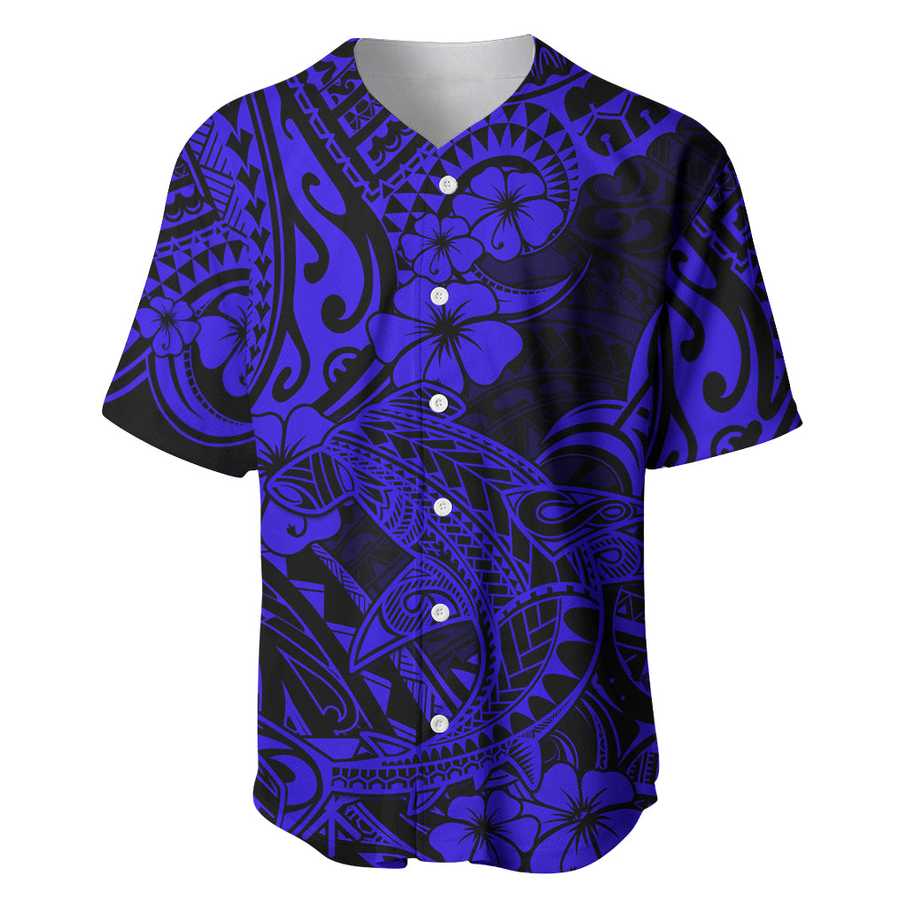 Hawaii Shark Baseball Jersey Polynesian Pattern Navy Blue Version - Wonder Print Shop