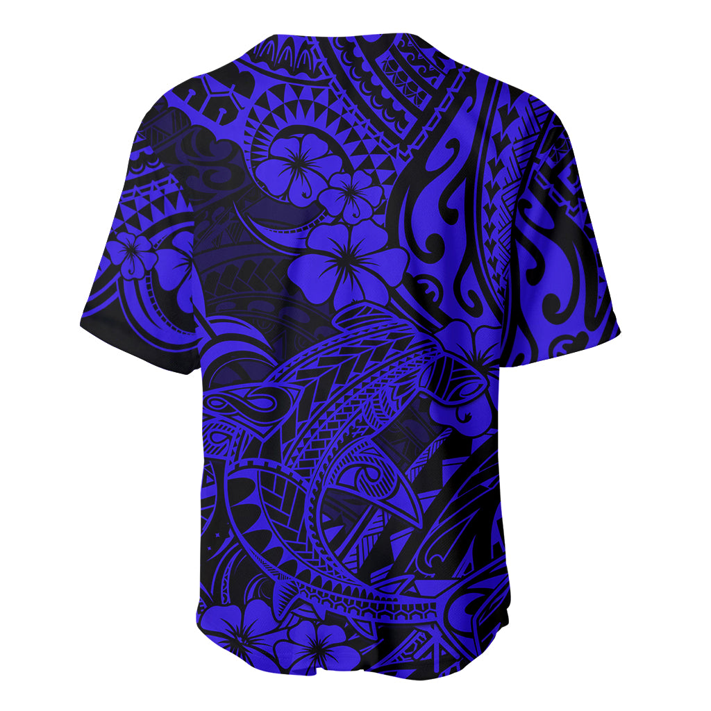 Hawaii Shark Baseball Jersey Polynesian Pattern Navy Blue Version - Wonder Print Shop