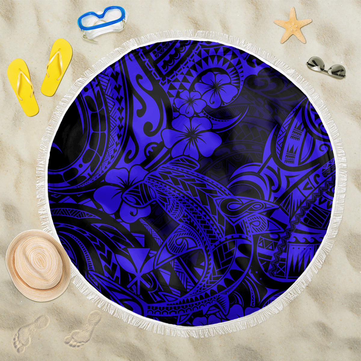 Hawaii Shark Beach Blanket Polynesian Pattern Navy Blue Version - Wonder Print Shop