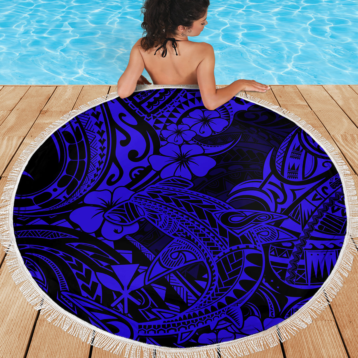 Hawaii Shark Beach Blanket Polynesian Pattern Navy Blue Version - Wonder Print Shop
