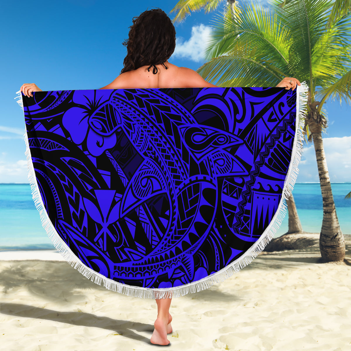 Hawaii Shark Beach Blanket Polynesian Pattern Navy Blue Version - Wonder Print Shop