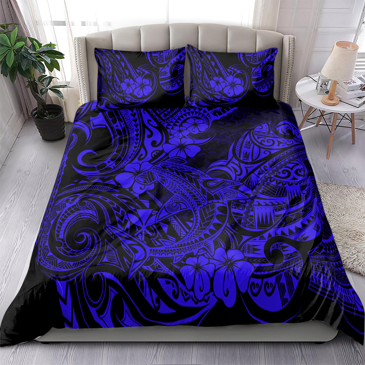 Hawaii Shark Bedding Set Polynesian Pattern Navy Blue Version - Wonder Print Shop