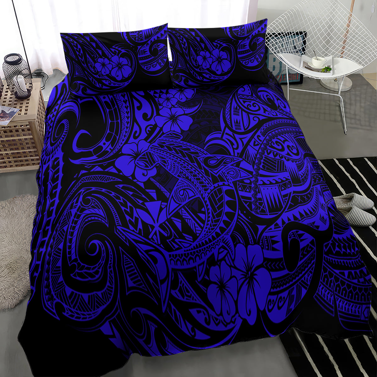 Hawaii Shark Bedding Set Polynesian Pattern Navy Blue Version - Wonder Print Shop