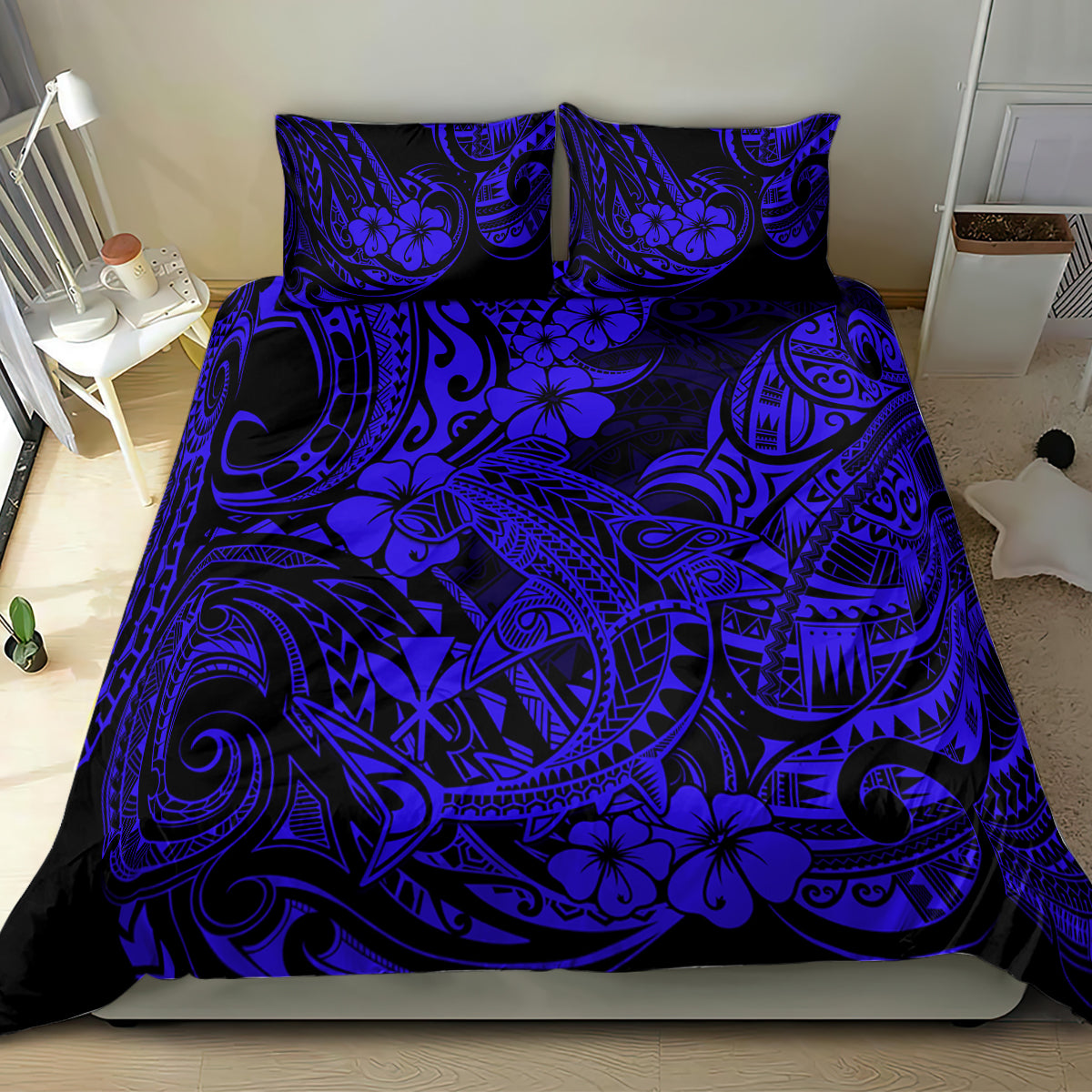 Hawaii Shark Bedding Set Polynesian Pattern Navy Blue Version - Wonder Print Shop