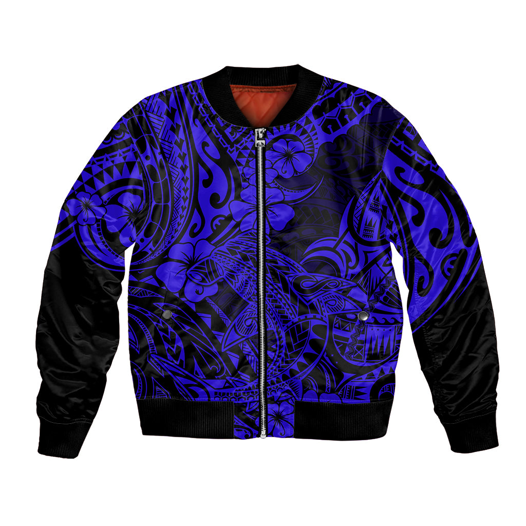 Hawaii Shark Bomber Jacket Polynesian Pattern Navy Blue Version - Wonder Print Shop