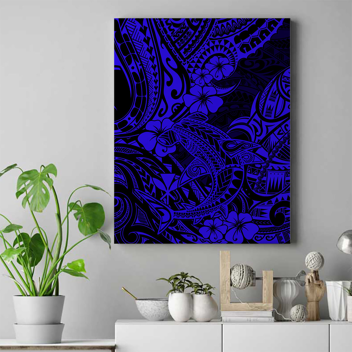 Hawaii Shark Canvas Wall Art Polynesian Pattern Navy Blue Version - Wonder Print Shop