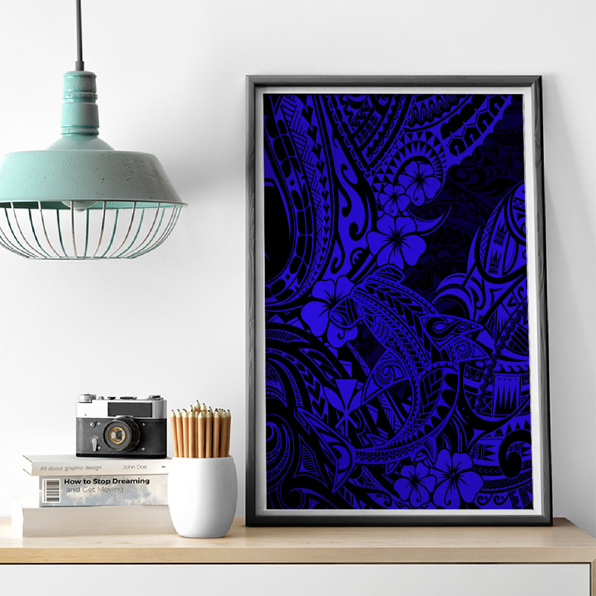 Hawaii Shark Canvas Wall Art Polynesian Pattern Navy Blue Version - Wonder Print Shop