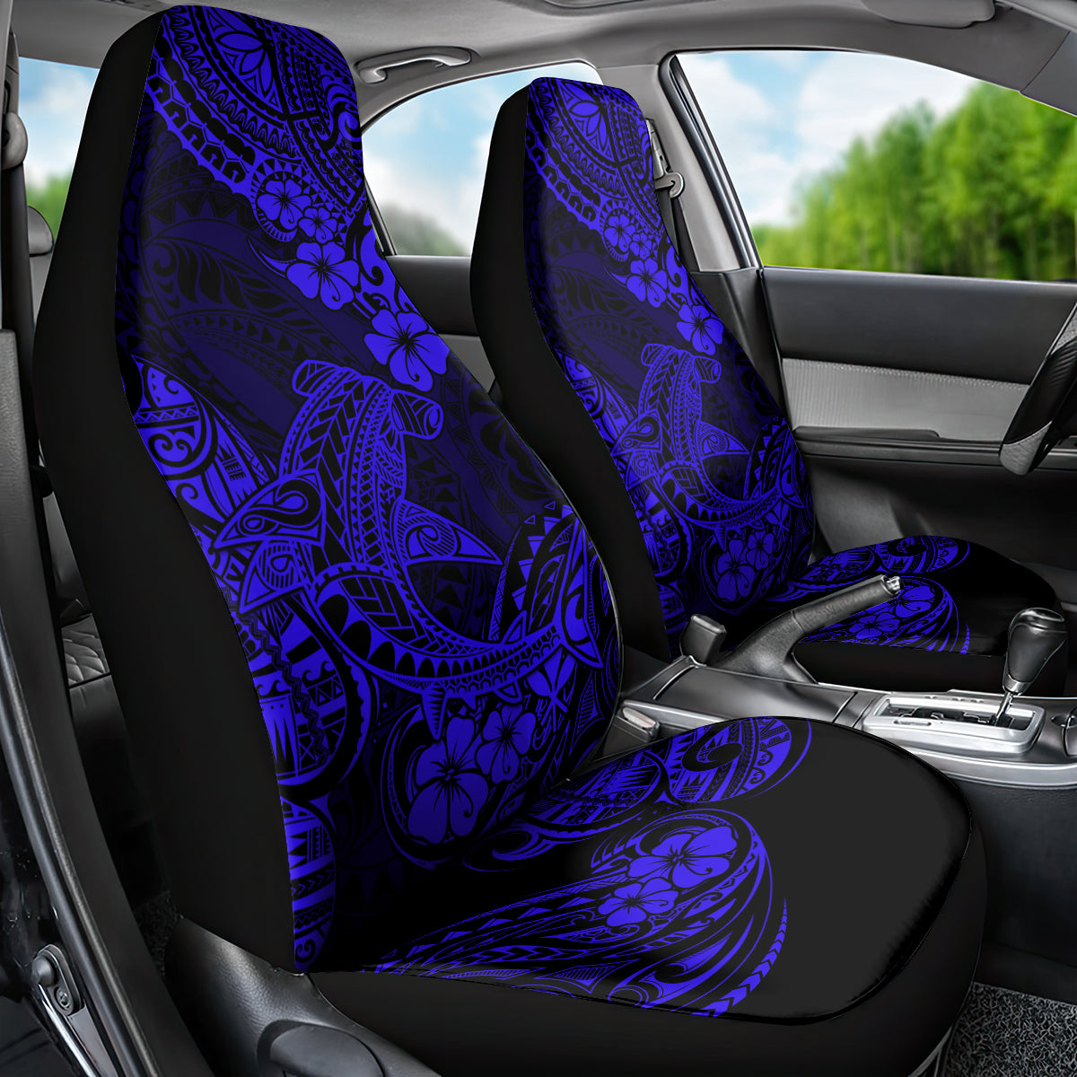 Hawaii Shark Car Seat Cover Polynesian Pattern Navy Blue Version - Wonder Print Shop