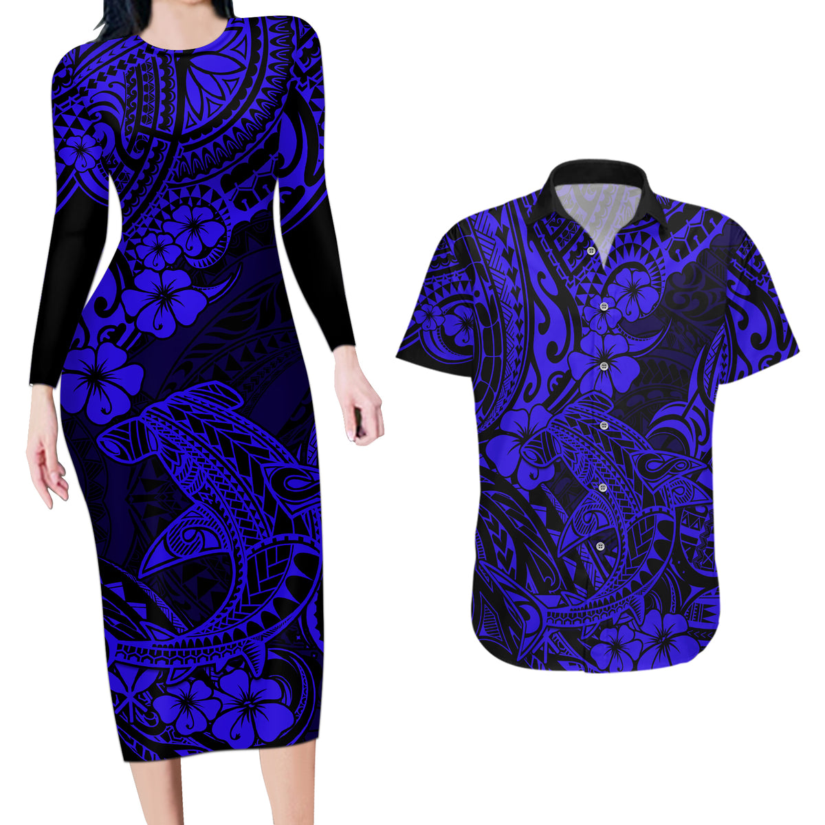 Hawaii Shark Couples Matching Long Sleeve Bodycon Dress and Hawaiian Shirt Polynesian Pattern Navy Blue Version - Wonder Print Shop