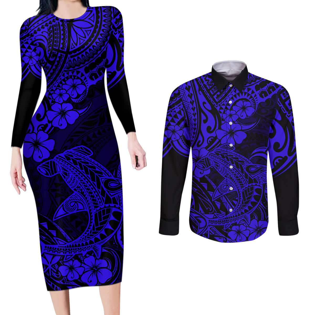Hawaii Shark Couples Matching Long Sleeve Bodycon Dress and Long Sleeve Button Shirts Polynesian Pattern Navy Blue Version - Wonder Print Shop