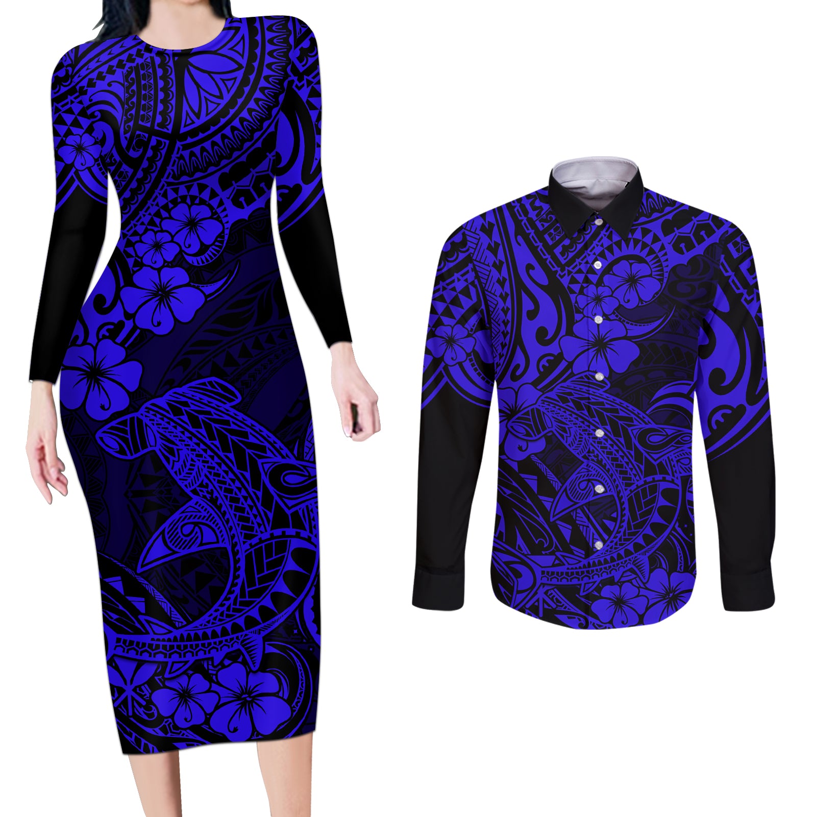 Hawaii Shark Couples Matching Long Sleeve Bodycon Dress and Long Sleeve Button Shirts Polynesian Pattern Navy Blue Version - Wonder Print Shop