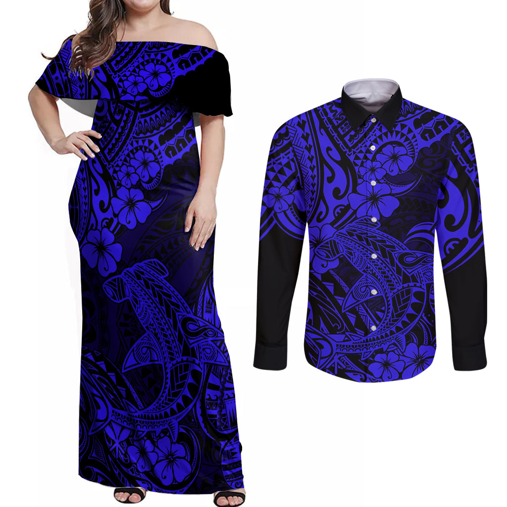 Hawaii Shark Couples Matching Off Shoulder Maxi Dress and Long Sleeve Button Shirts Polynesian Pattern Navy Blue Version - Wonder Print Shop