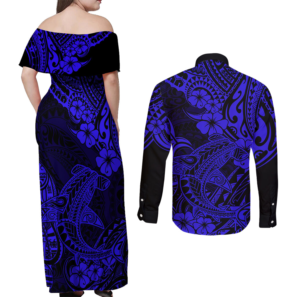 Hawaii Shark Couples Matching Off Shoulder Maxi Dress and Long Sleeve Button Shirts Polynesian Pattern Navy Blue Version - Wonder Print Shop