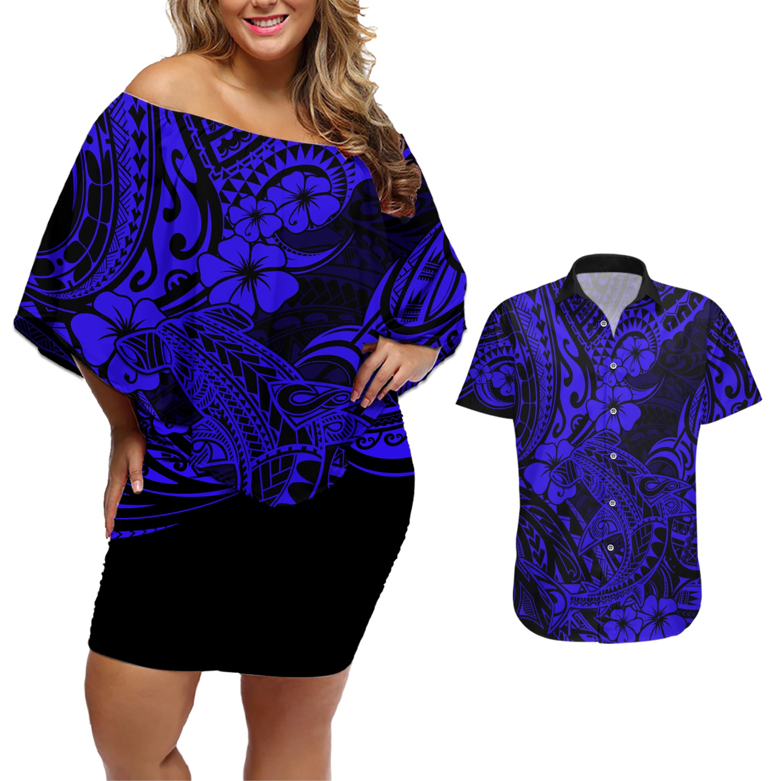 Hawaii Shark Couples Matching Off Shoulder Short Dress and Hawaiian Shirt Polynesian Pattern Navy Blue Version - Wonder Print Shop