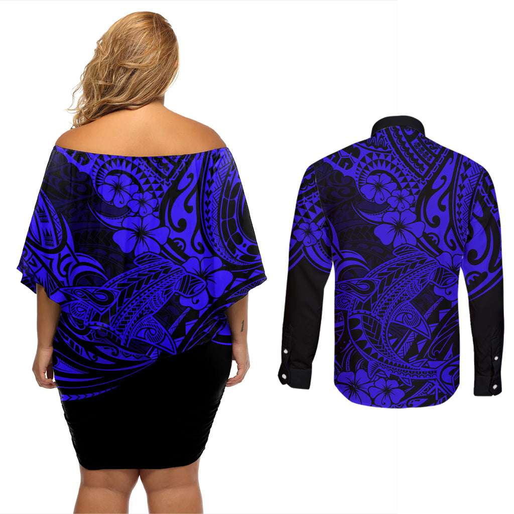 Hawaii Shark Couples Matching Off Shoulder Short Dress and Long Sleeve Button Shirts Polynesian Pattern Navy Blue Version - Wonder Print Shop