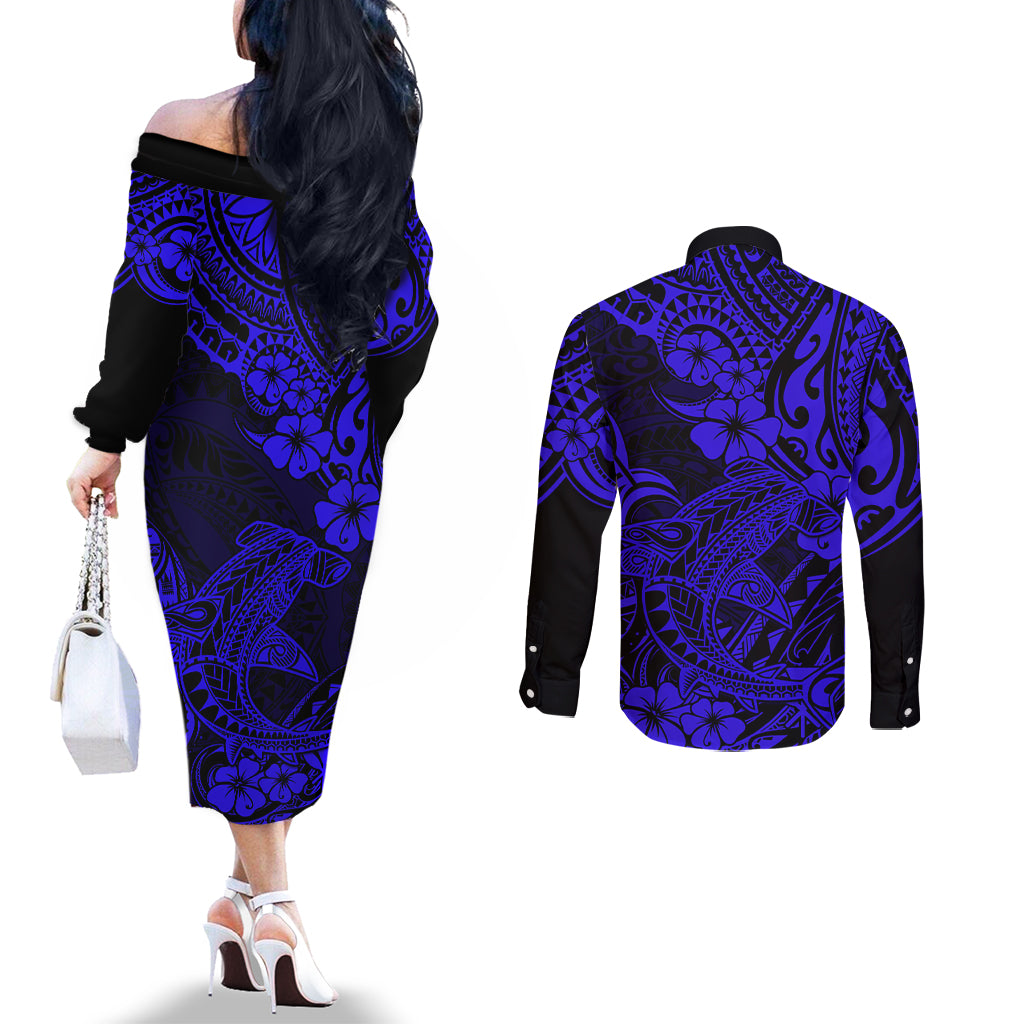 hawaii-shark-couples-matching-off-the-shoulder-long-sleeve-dress-and-long-sleeve-button-shirts-polynesian-pattern-navy-blue-version