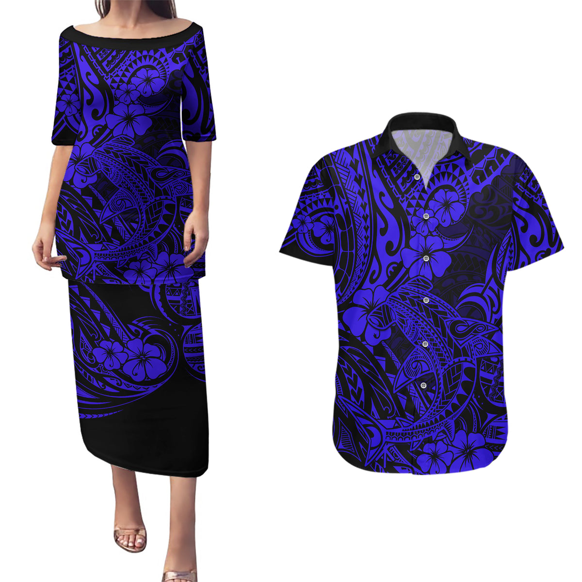 Hawaii Shark Couples Matching Puletasi Dress and Hawaiian Shirt Polynesian Pattern Navy Blue Version - Wonder Print Shop