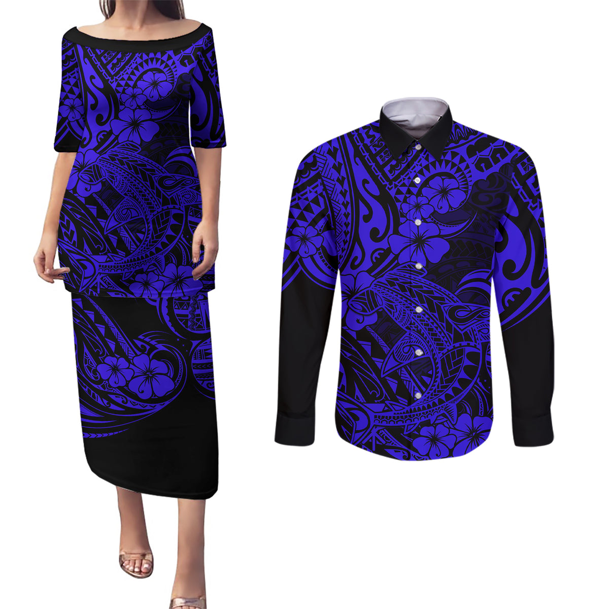 Hawaii Shark Couples Matching Puletasi Dress and Long Sleeve Button Shirts Polynesian Pattern Navy Blue Version - Wonder Print Shop